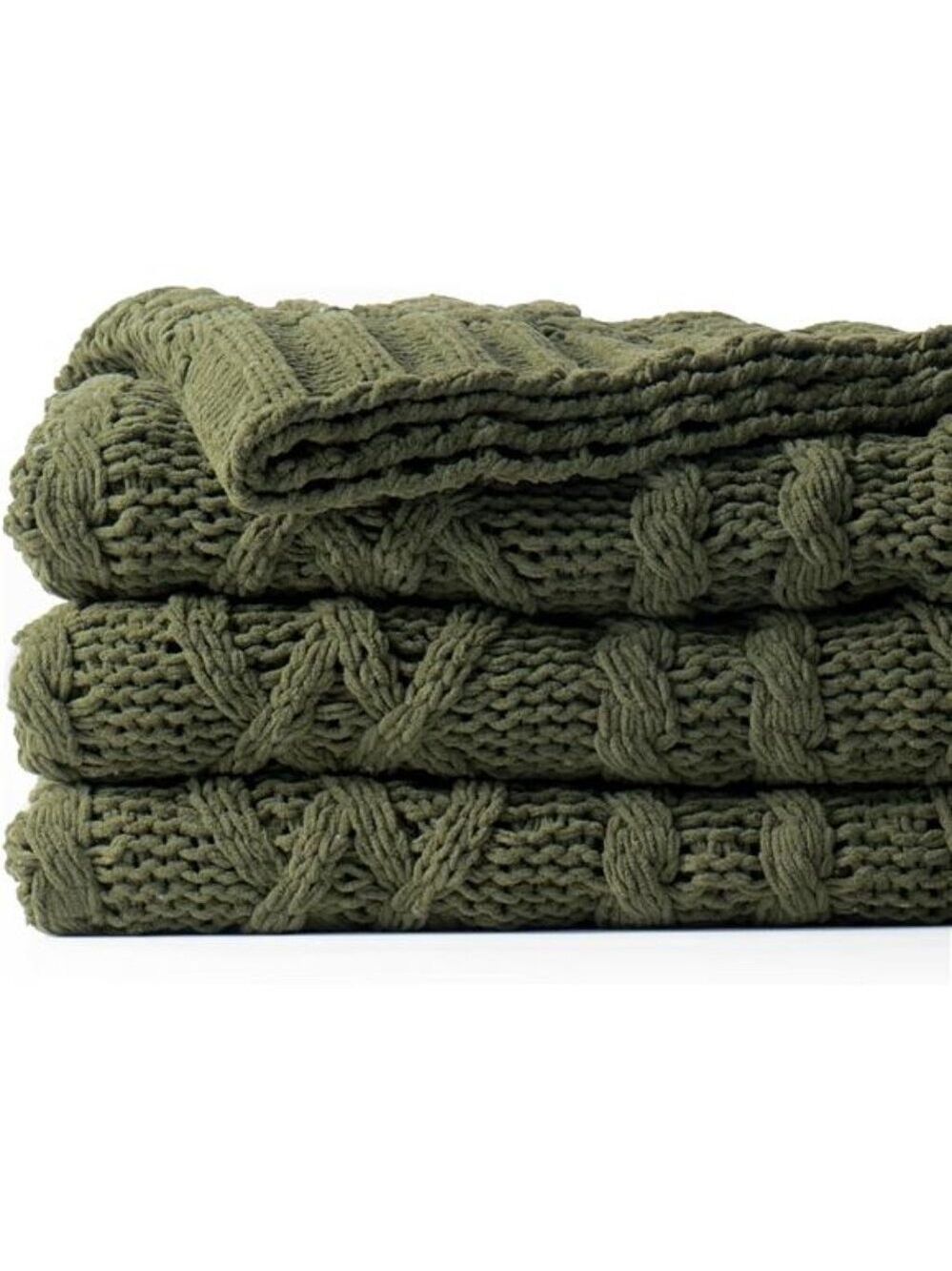 Olive Green Throw Blanket Chunky Cable Knit Soft Cozy Chenille Blanket for Couch